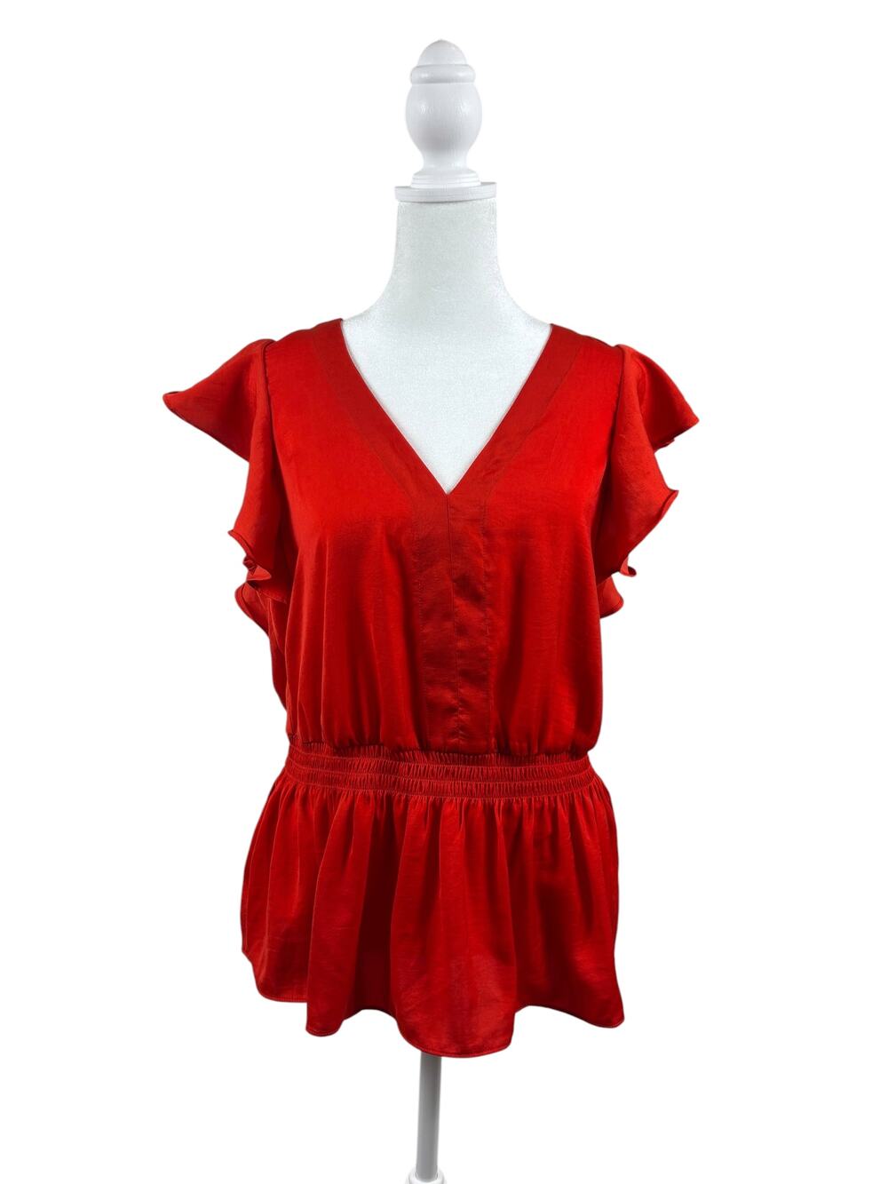 Banana Republic red satin blouse with flutter sleeves and peplum hem size M